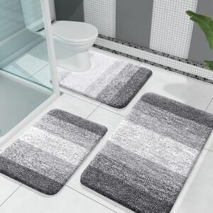 OLANLY 3 Piece Bathroom Rug Set Grey Microfiber Plush Absorbent NEW